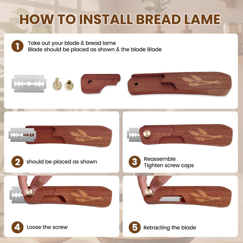 Drcomtruing Bread Lame Dough Scoring Tool, Upgrade Bread Scoring Tool for Sourdough Bread Baking, Sourdough Scoring Tool for Homemade With 10 Razor Blades (Reddish Brown) - Image 4